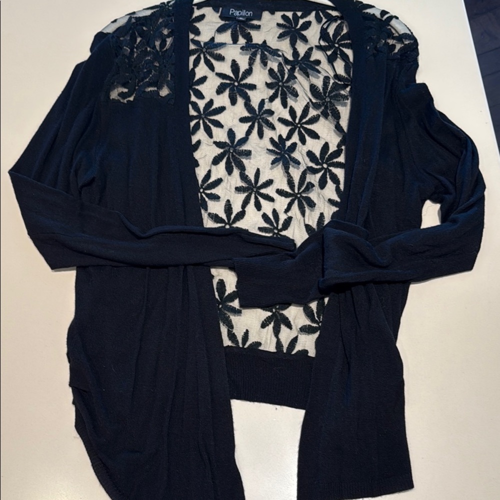Papillon Black Women's Cardigan Floral Embroidered Sweater size XL runs smaller